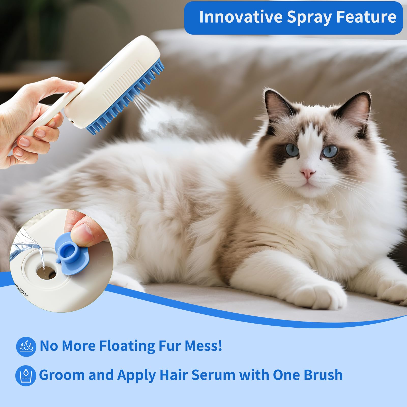 JUGIRUN Cat Steam Brush one-click spray reduces flying hair during grooming.