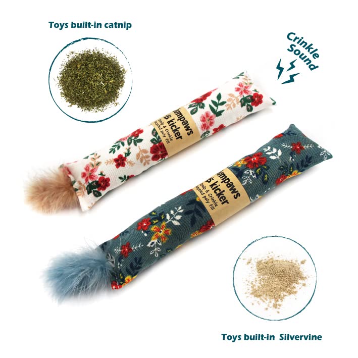 Jumpaws catnip and silvervine inside toy offers indoor enrichment during play.