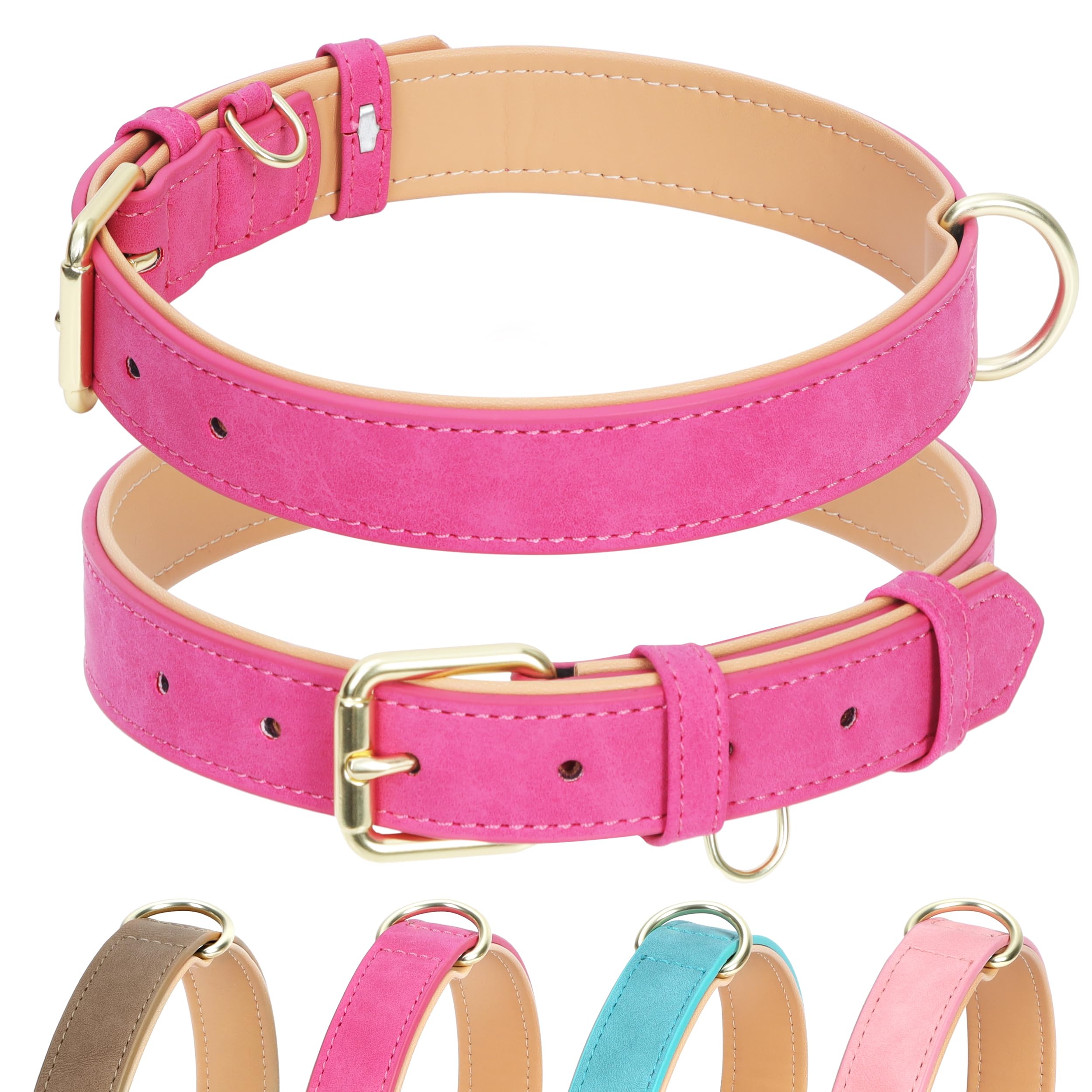 Jumpress Leather Dog Collar hot pink XS closeup of sturdy gold buckle for daily wear.