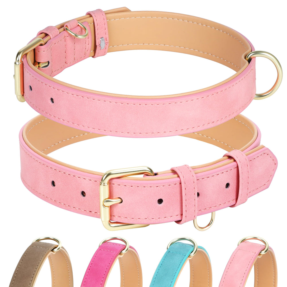 Jumpress leather dog collar pink closeup shows soft padding for everyday comfort.
