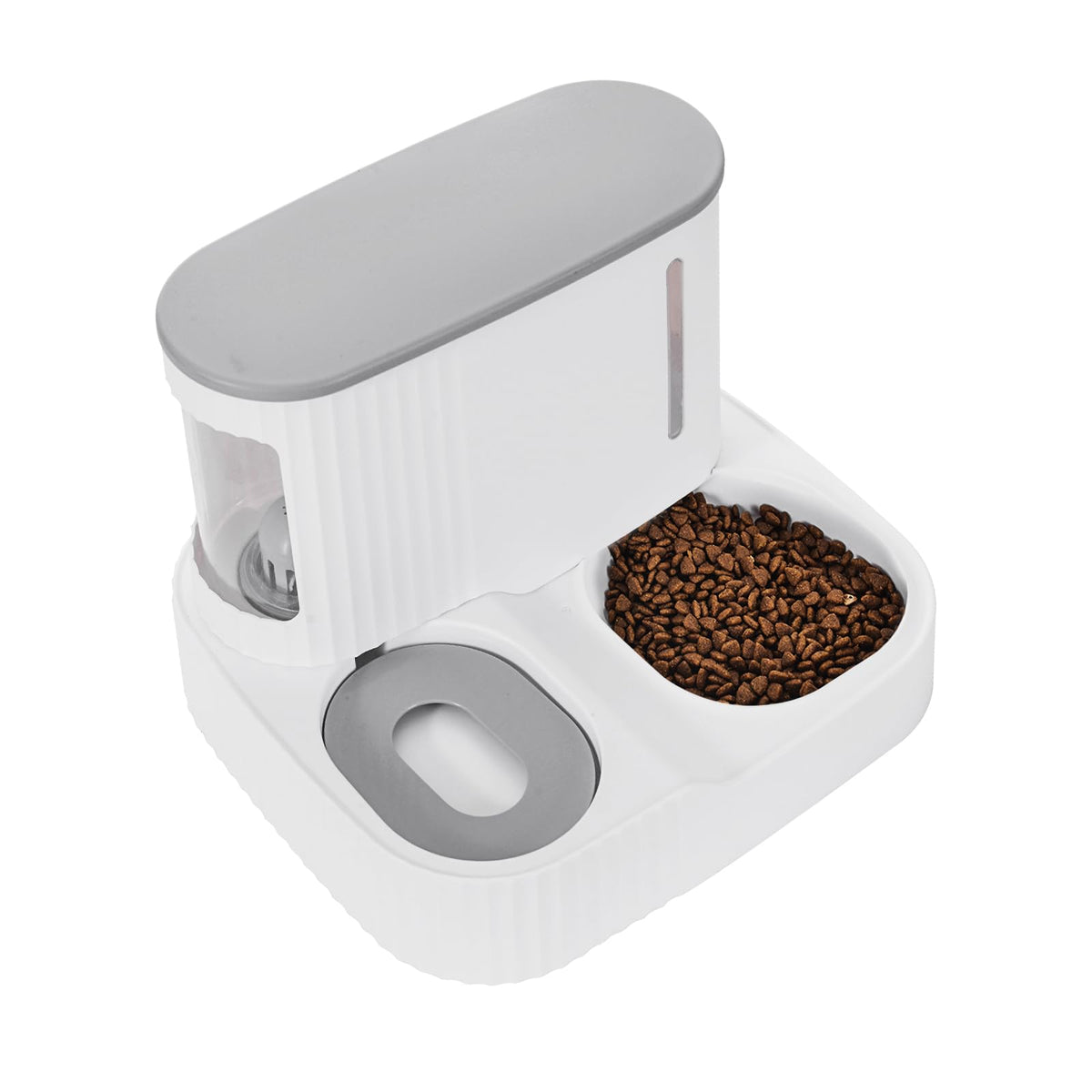 Junbec-Pet cat feeder grey front view shows compact 2-in-1 layout for space saving.