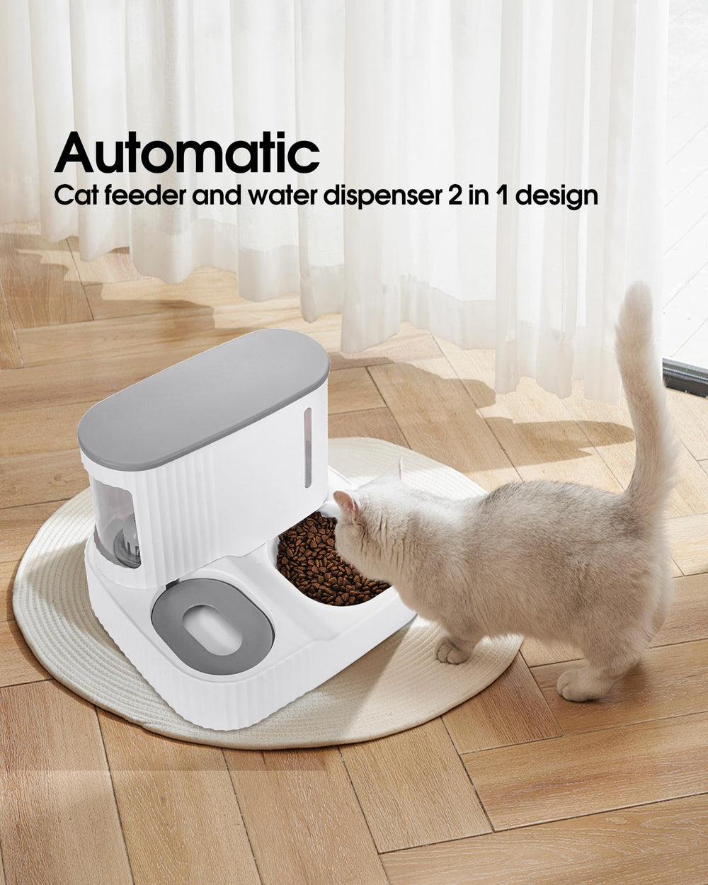 Junbec-Pet cat feeder grey top lid emphasizing dry-food preservation and spill prevention.