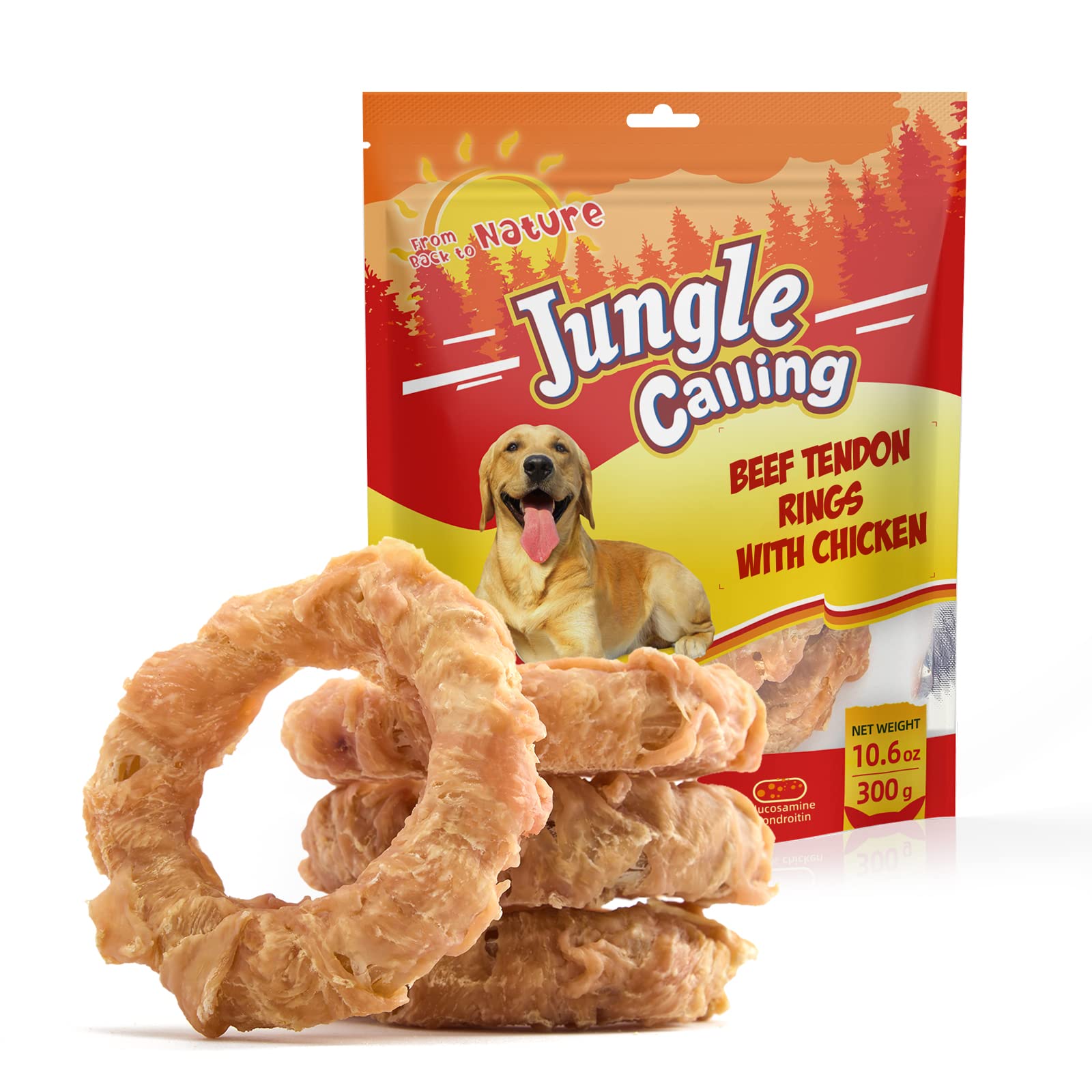 Jungle Calling beef tendon ring closeup highlighting a long lasting chew for dogs