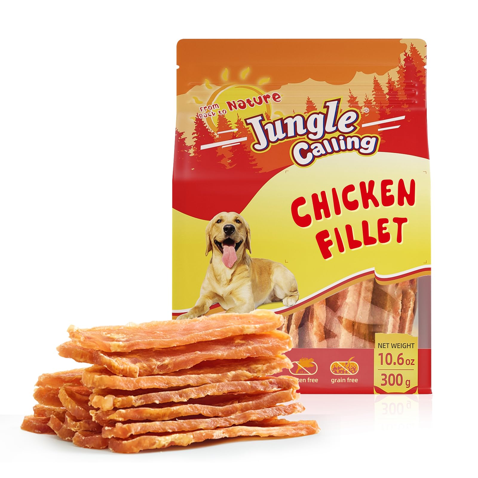 Jungle Calling chicken jerky packshot highlighting high-protein dog treats