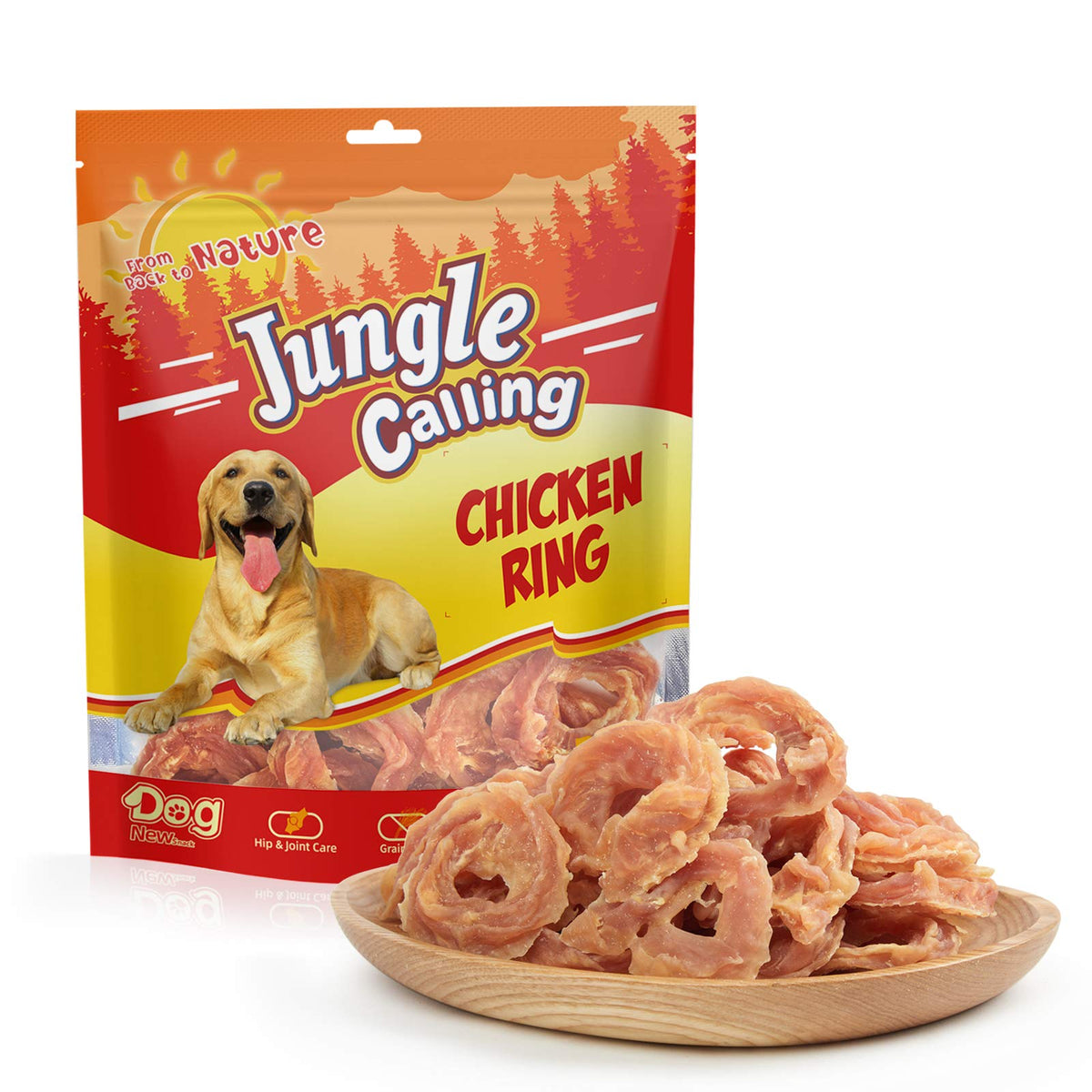 Jungle Calling chicken rings packaging highlights high-protein dog treats.