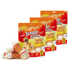 Jungle Calling chicken-wrap knotted bone chew for large dogs supports training focus.