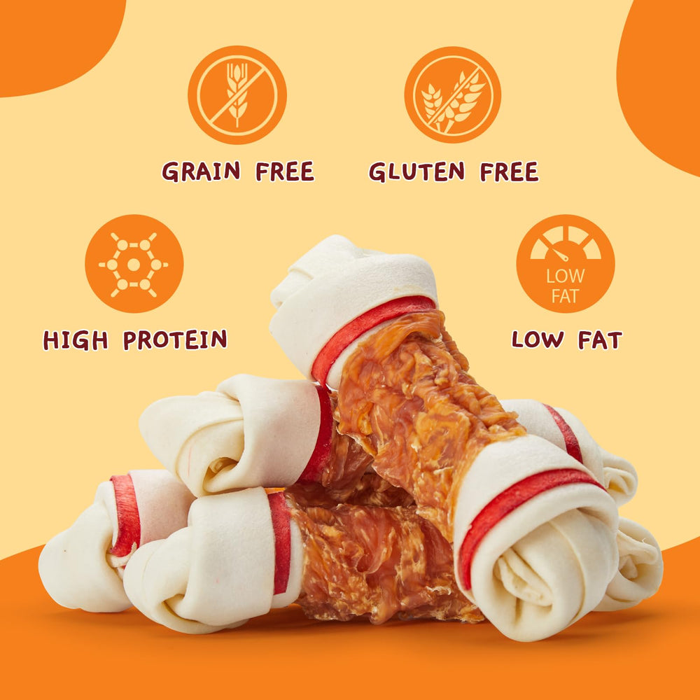 Jungle Calling knotted bone with real chicken wrap provides long-lasting entertainment.