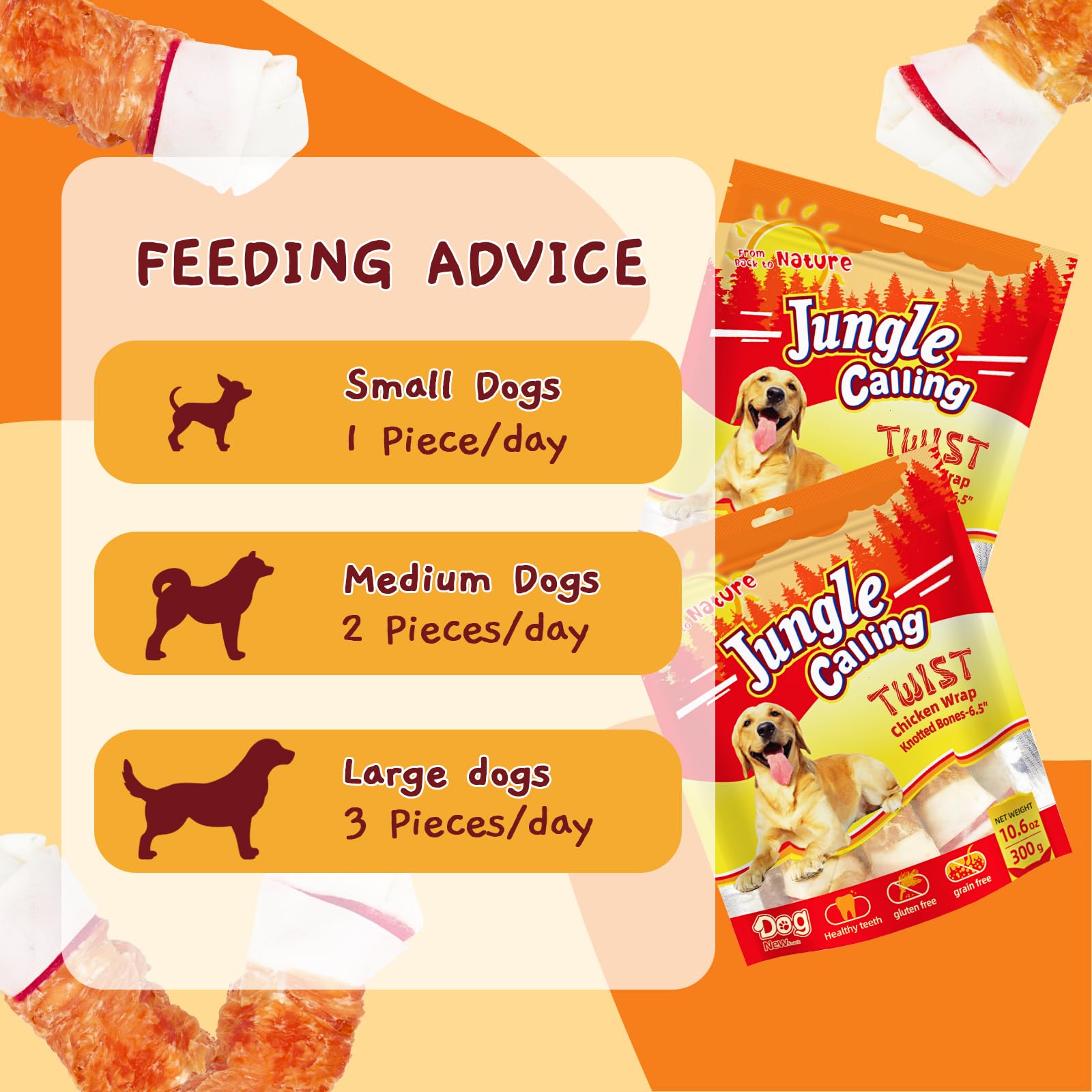 Jungle Calling chicken-wrapped bone aids natural chewing instincts while training.