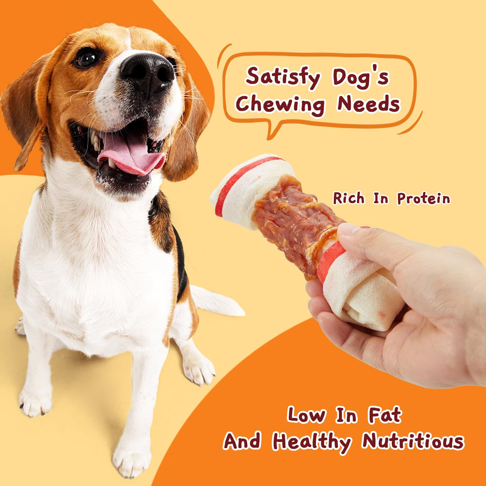 Jungle Calling dog chew bone shows real chicken middle for appeal.