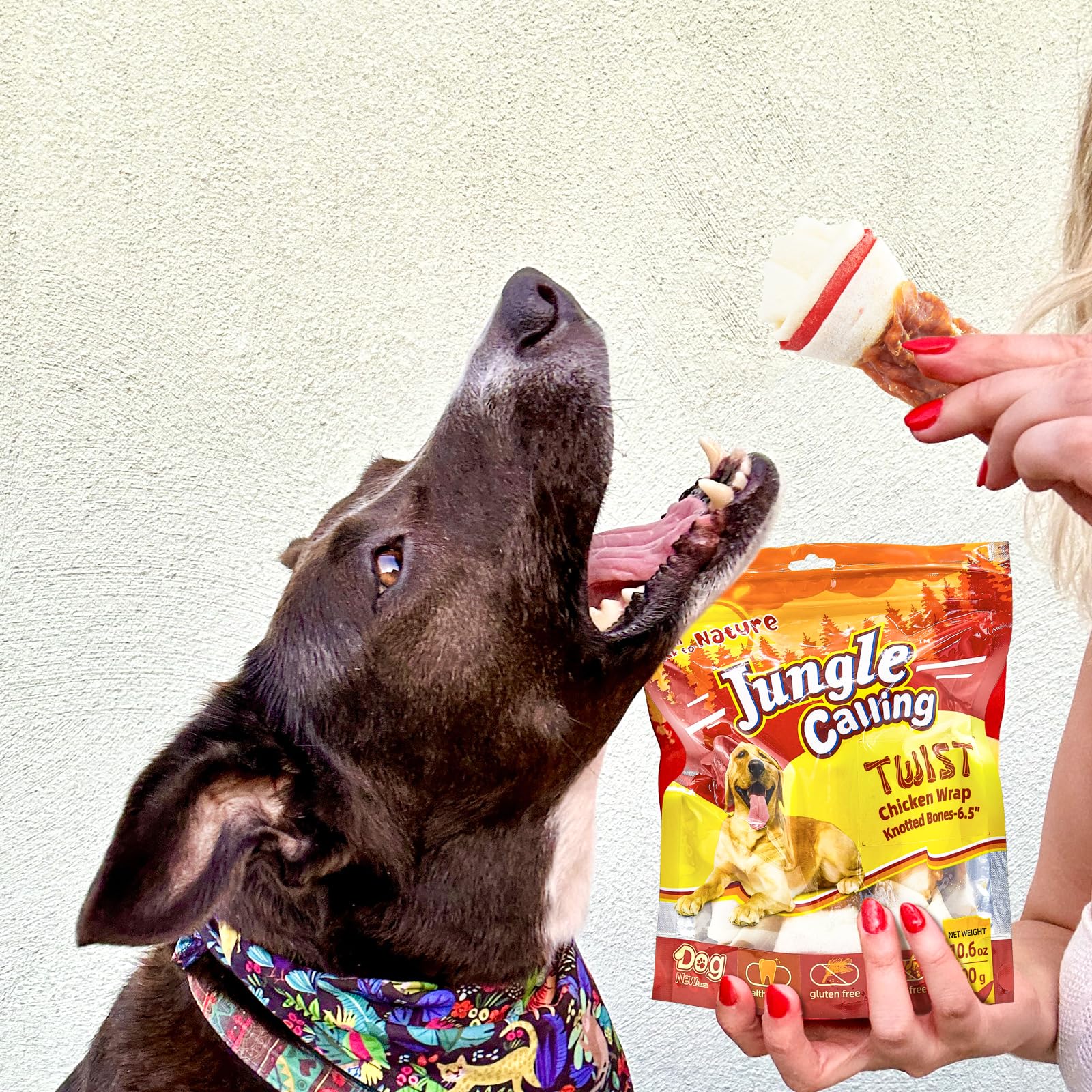 Jungle Calling chicken-wrap knotted bone chew emphasizes extended chew time.