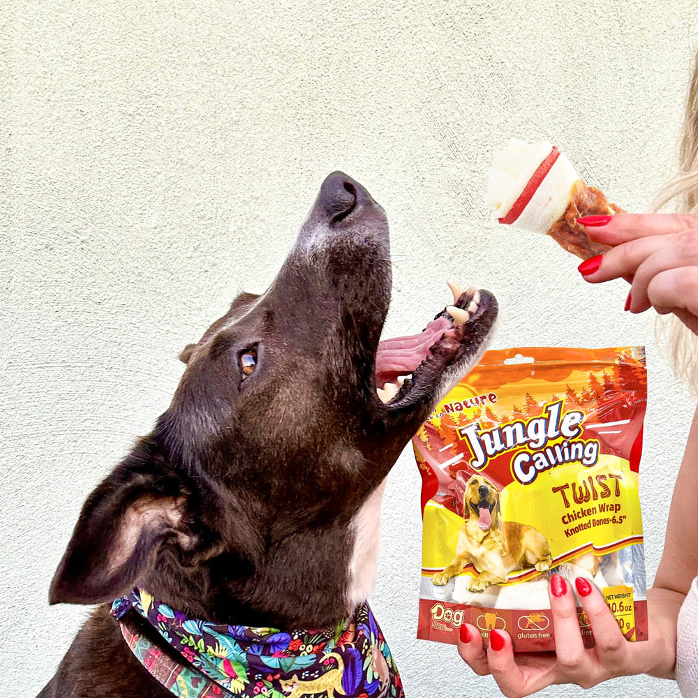 Jungle Calling chicken-wrap knotted bone chew emphasizes extended chew time.