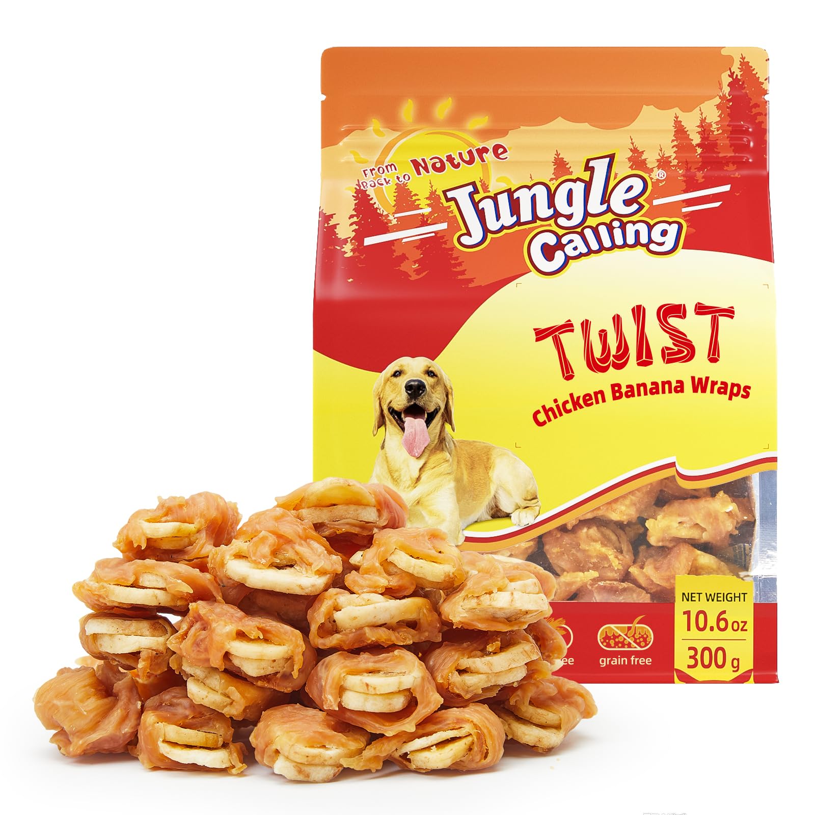 Jungle Calling chicken-wrapped-banana dog treats bag front for grain-free training