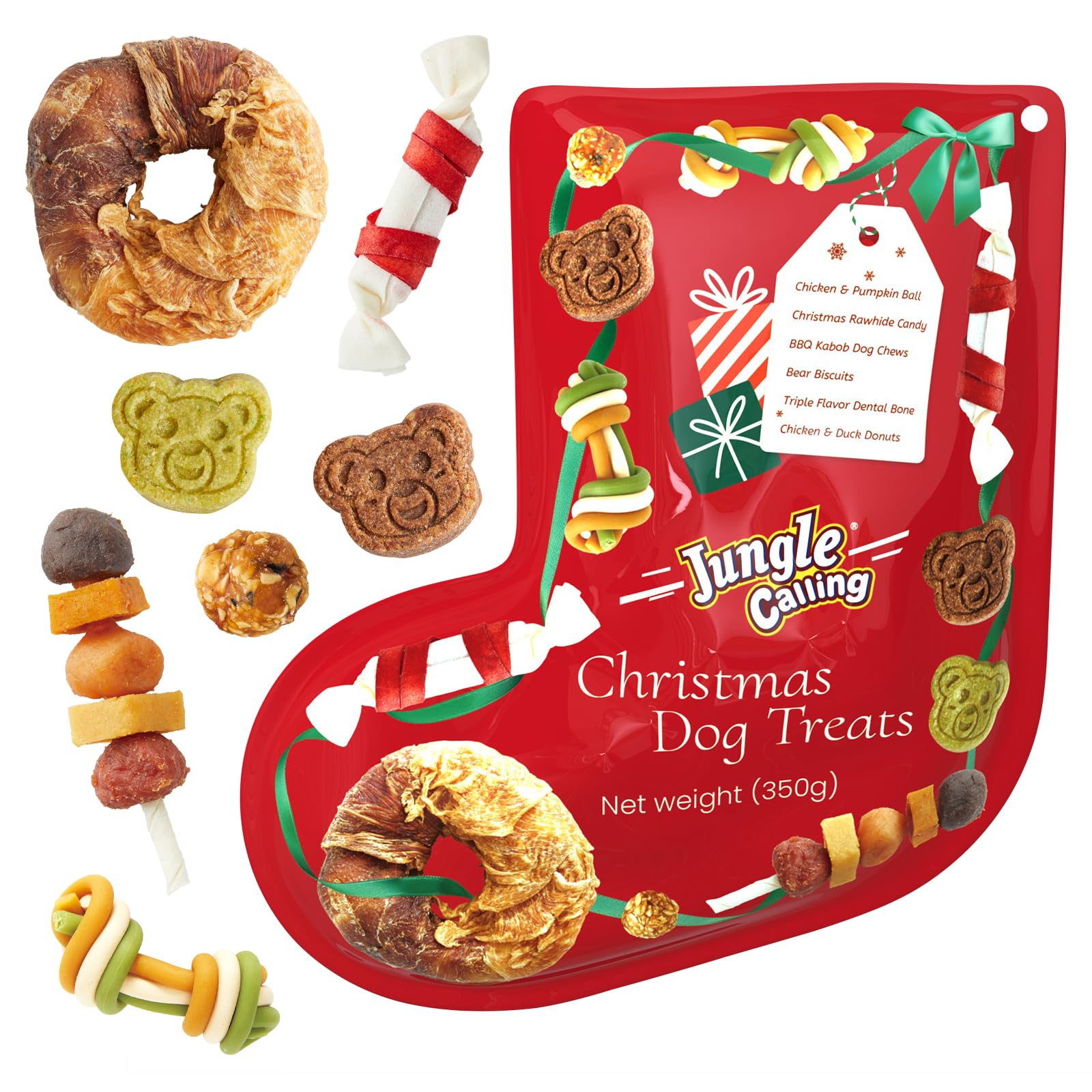 Jungle Calling Christmas Dog Treats festive stocking display for holiday rewards