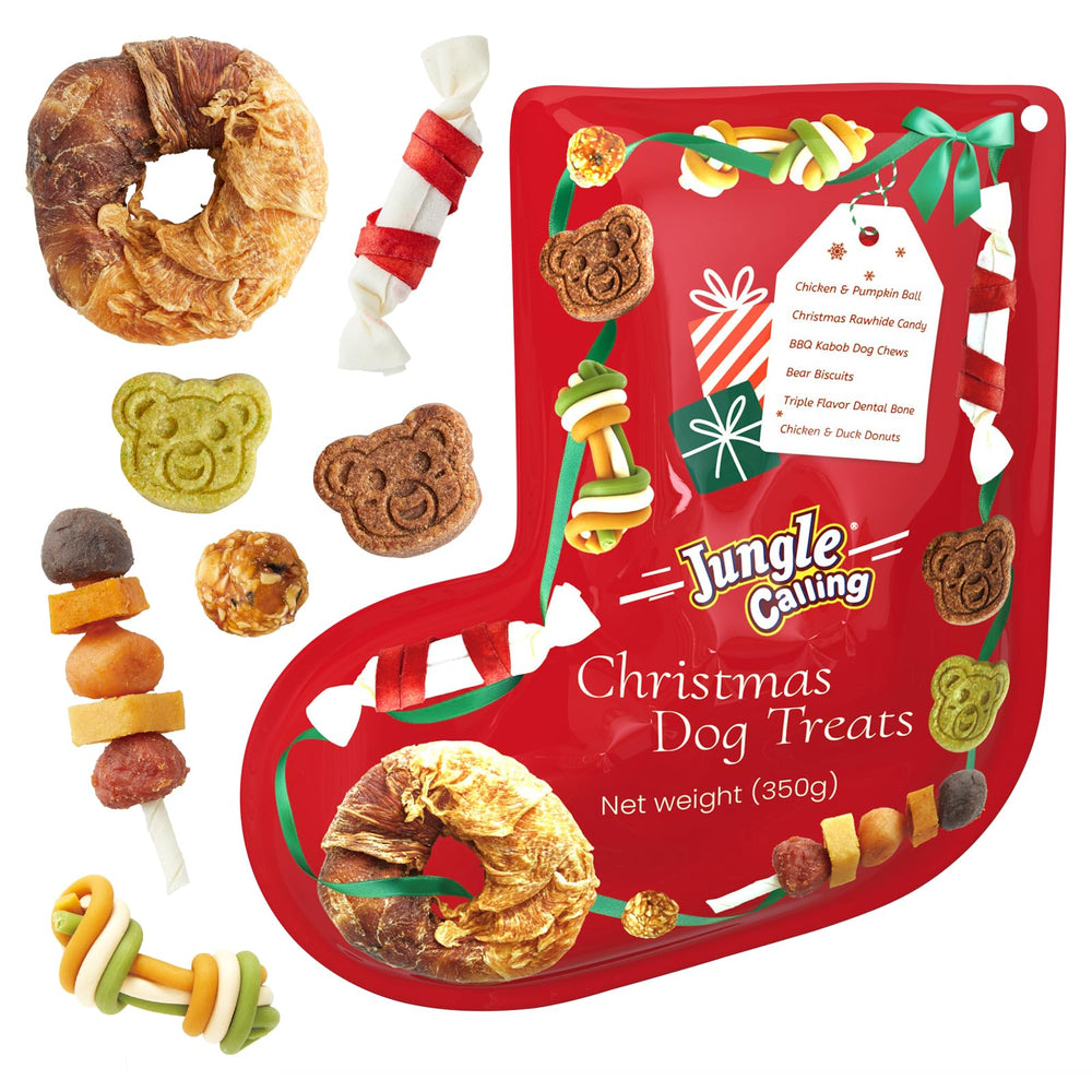 Jungle Calling Christmas Dog Treats festive stocking display for holiday rewards