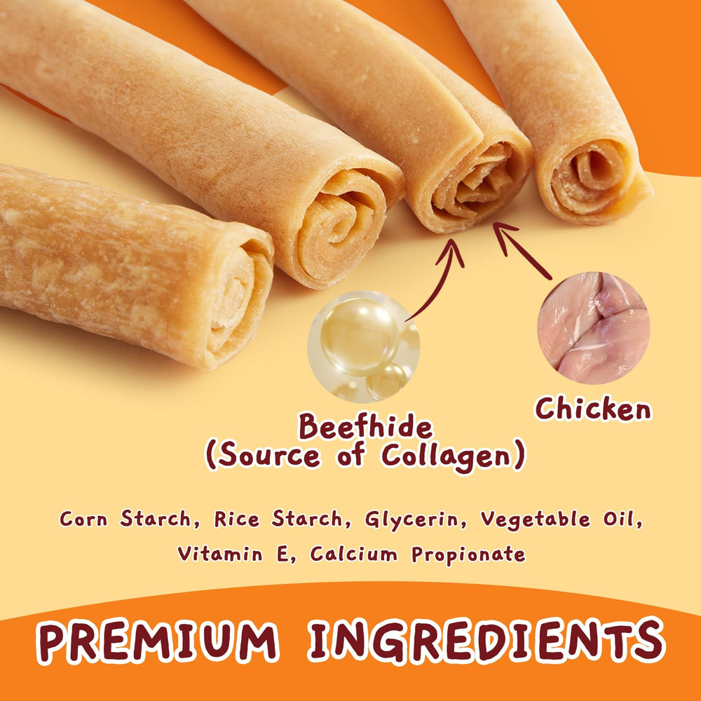 Jungle Calling collagen rolls close-up showing a tasty chicken chew for dogs.
