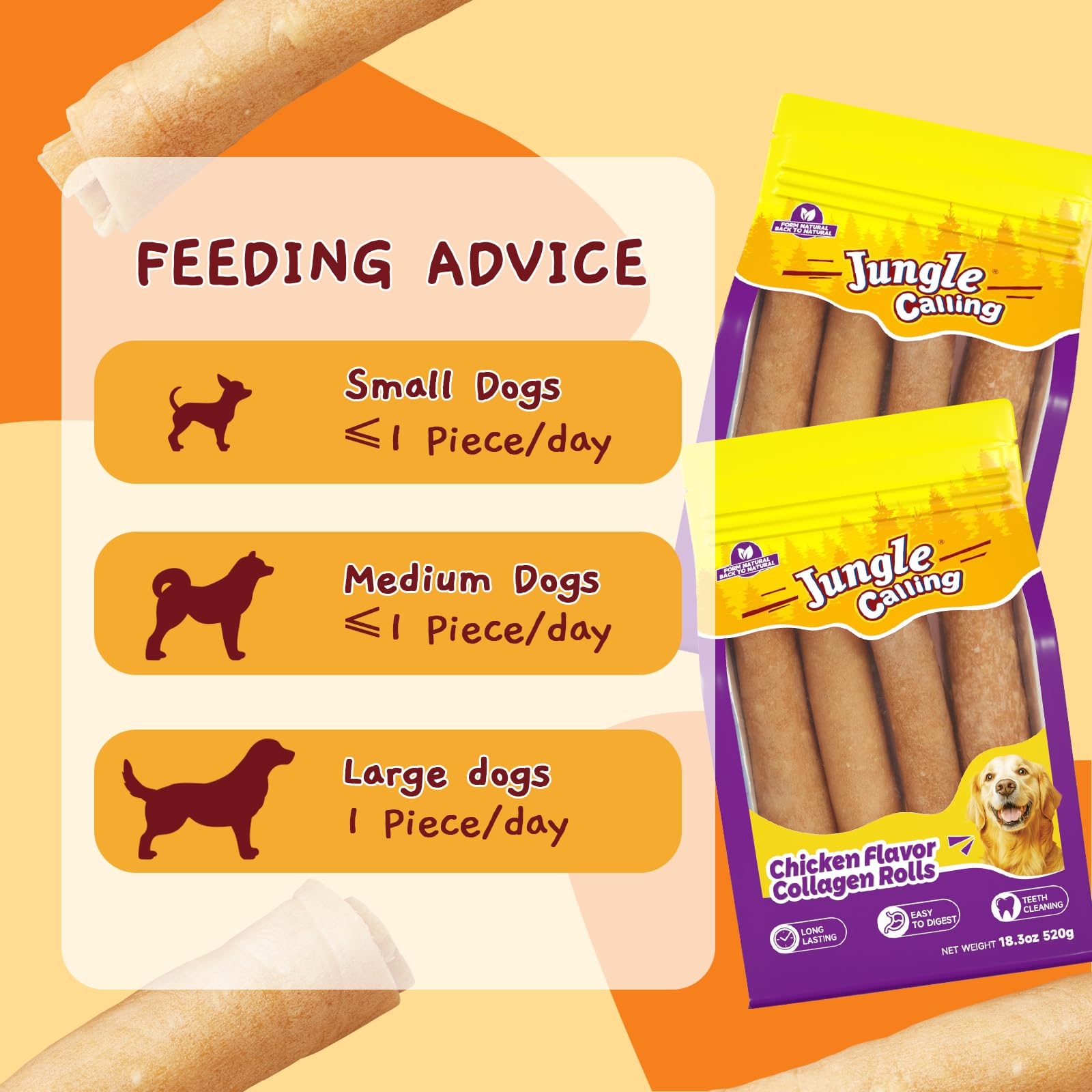 Jungle Calling collagen rolls long-lasting chew for medium and large dogs.