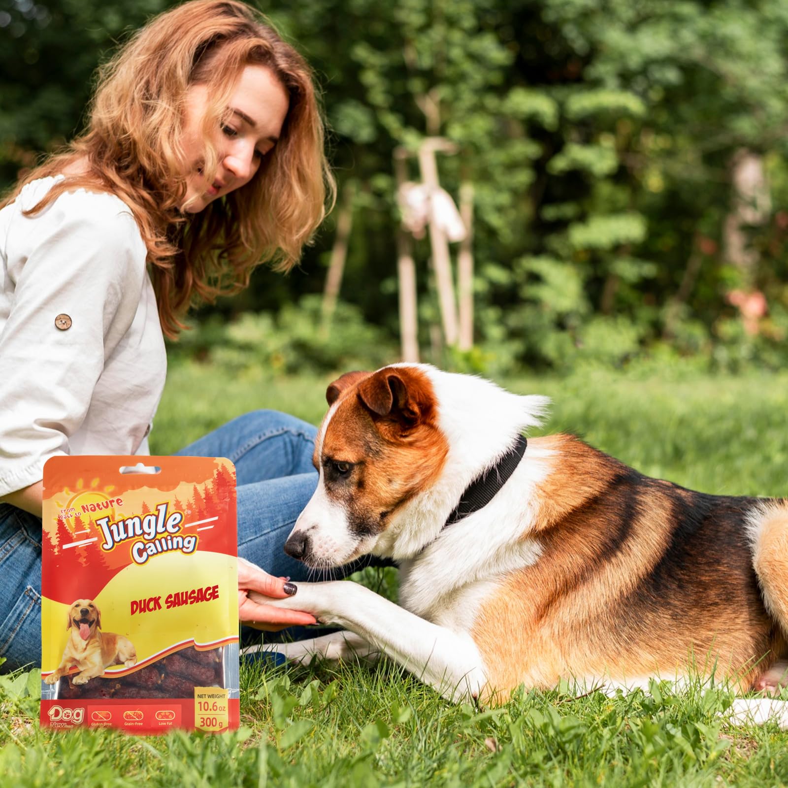 Jungle Calling duck sausage treats in bowl highlight easy-to-chew texture for senior dogs.