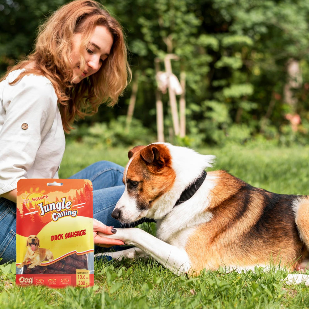 Jungle Calling duck sausage treats in bowl highlight easy-to-chew texture for senior dogs.