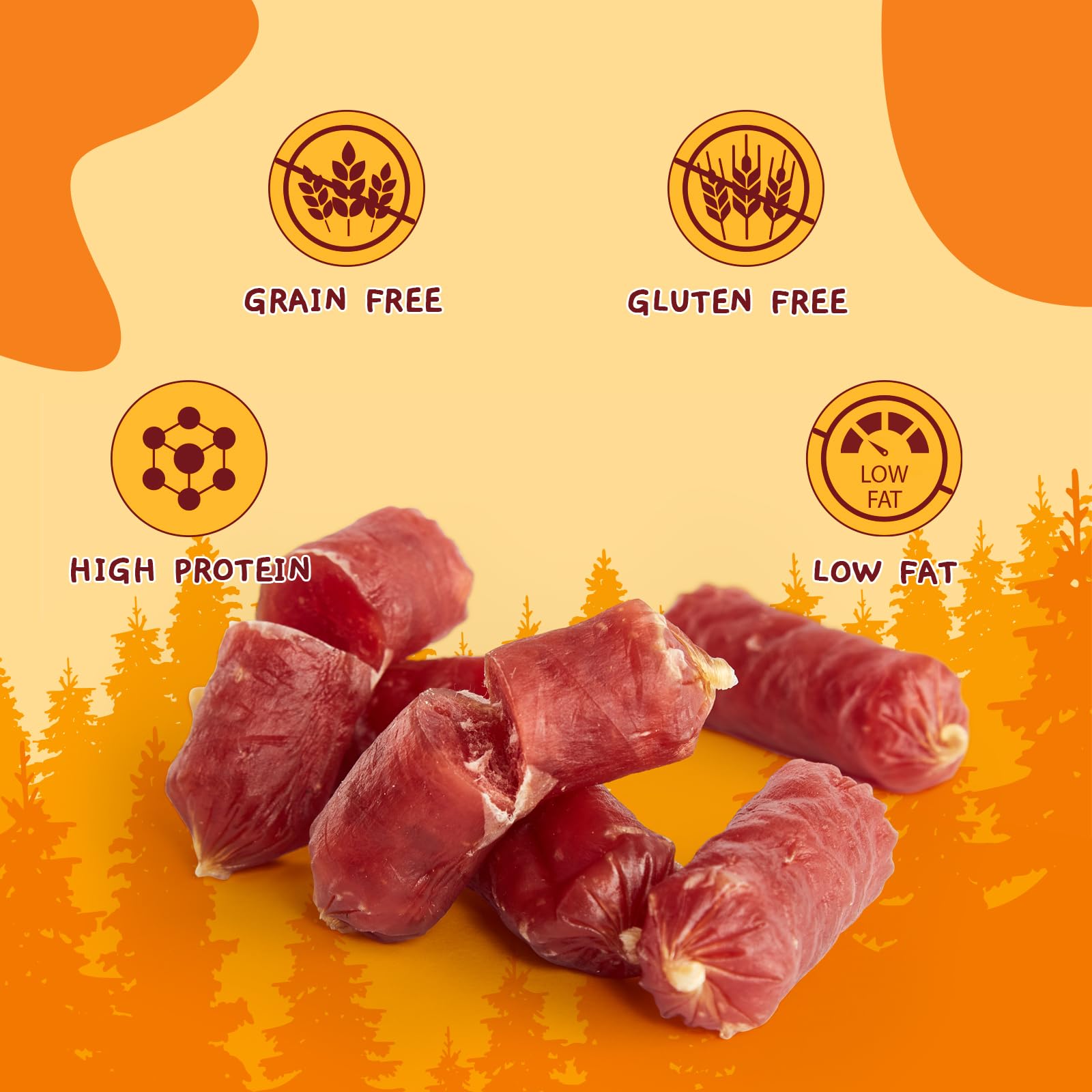 Jungle Calling Duck Sausage Treats texture closeup highlights tender, chewy bite ideal for training.