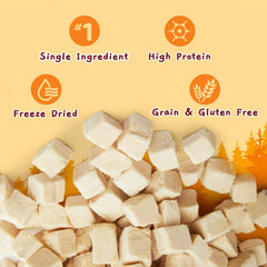 Jungle Calling freeze-dried chicken cubes jar closeup highlighting fresh packaging and control