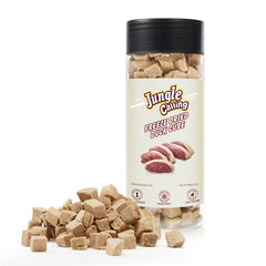Jungle Calling freeze-dried duck cubes in a jar for easy training rewards