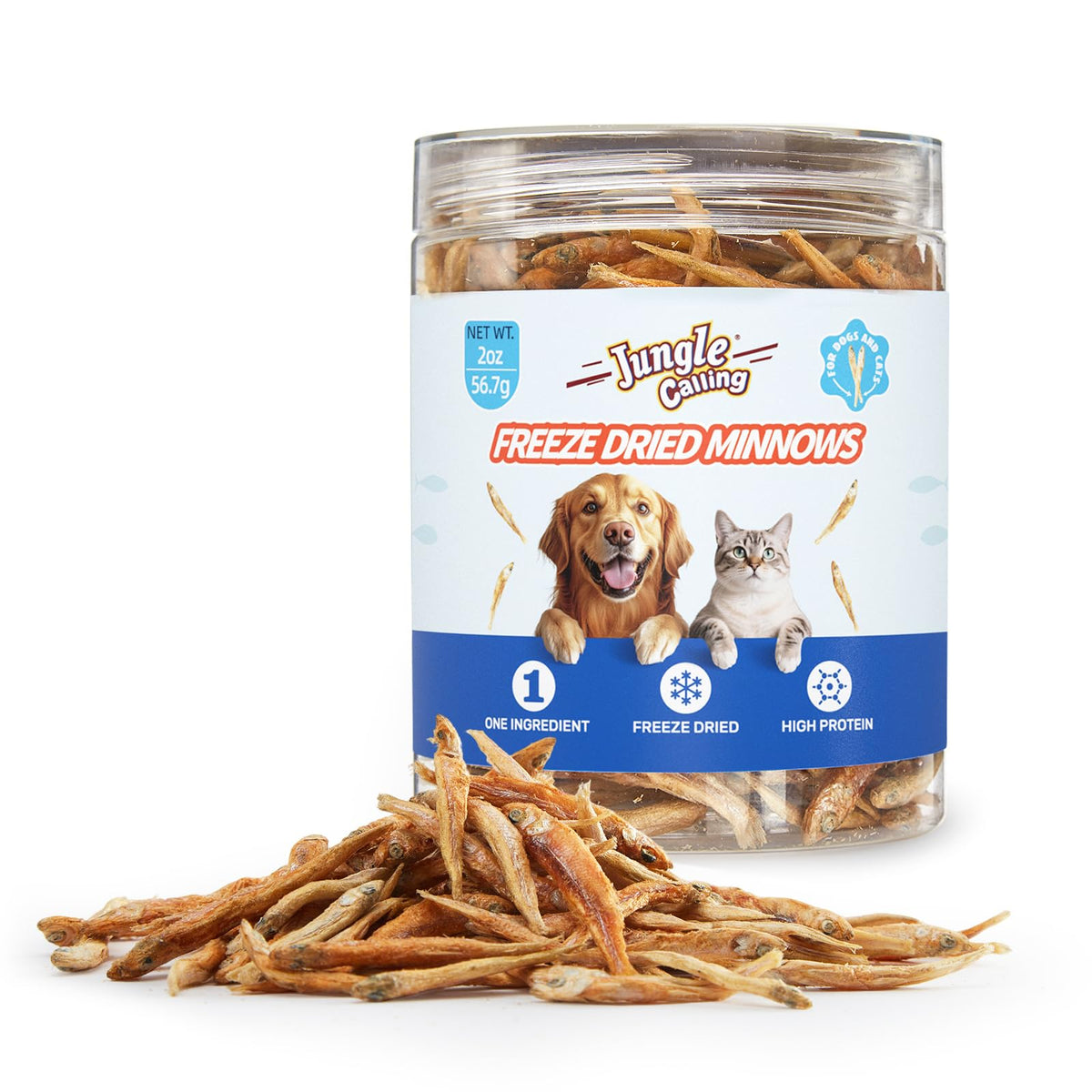 Jungle Calling freeze-dried minnows pouch open offers high-protein cat and dog rewards