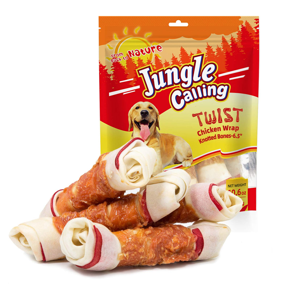 Jungle Calling huesos nudos envueltos en pollo, ideal para entrenamiento