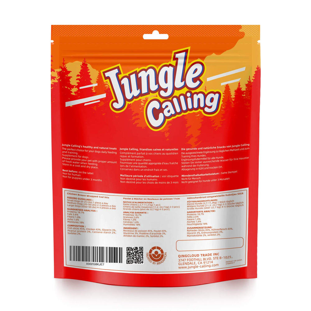Jungle Calling human-food ingredients highlight premium chicken-wrapped cod sticks.