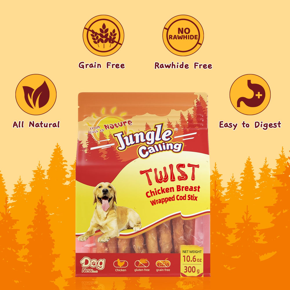 Jungle Calling rawhide-free sticks close-up reveals chewy texture for rewards.