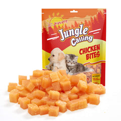 Jungle Calling soft chicken treats pack front showing grain-free high-protein rewards.