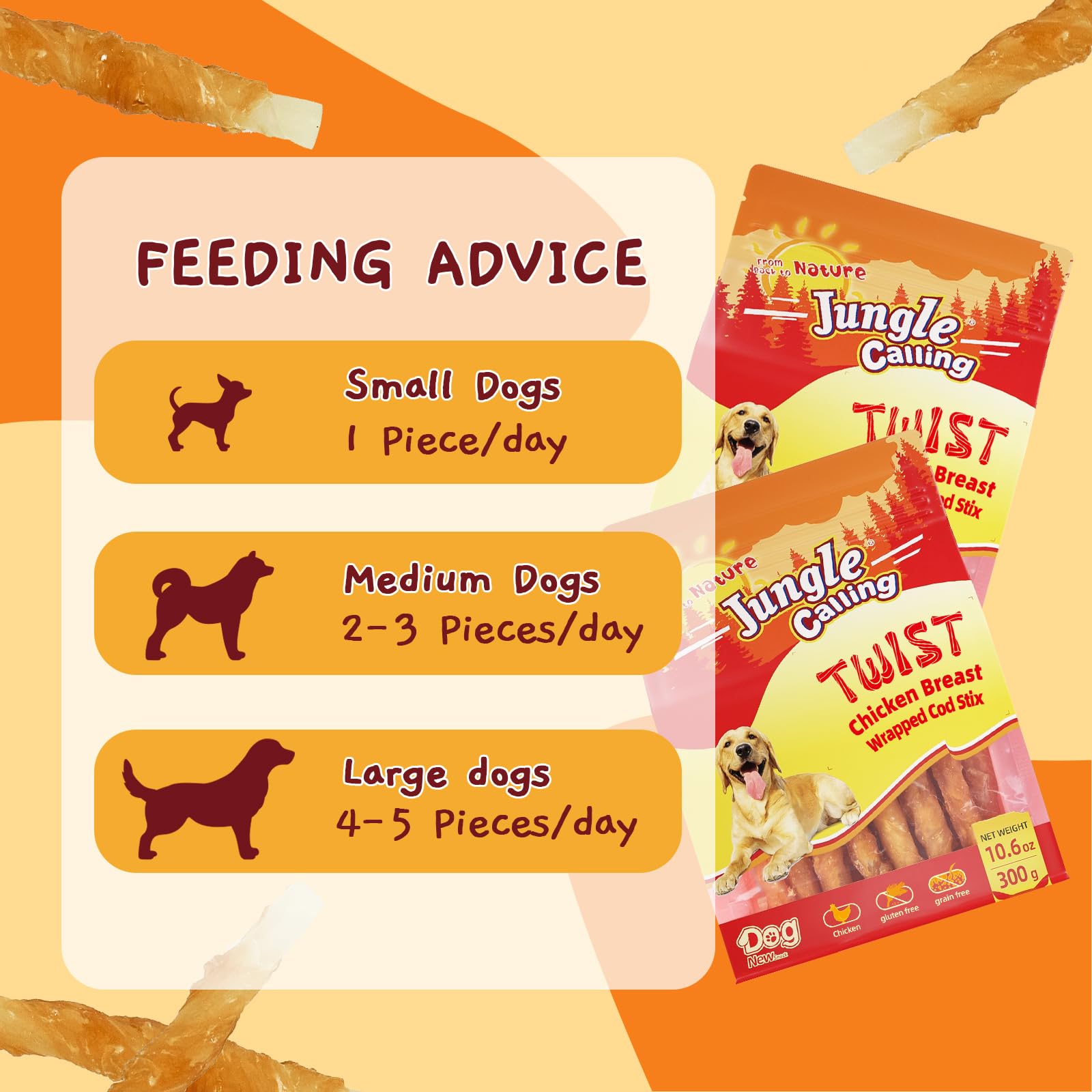 Jungle Calling training-reward treat framed with a motivated dog.