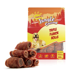 Jungle Calling triple-flavor-rolls dog treats packaging shows a premium rawhide-free snack