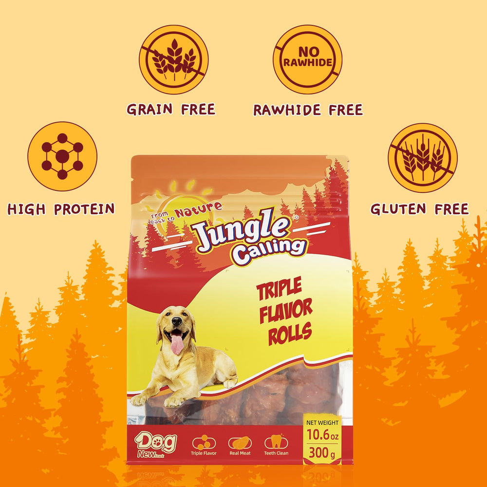 Jungle Calling triple-flavor-rolls real-chicken-duck-beef close-up highlights juicy texture for flavorful reward