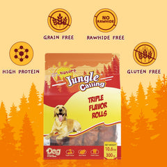 Jungle Calling triple-flavor-rolls real-chicken-duck-beef close-up highlights juicy texture for flavorful reward