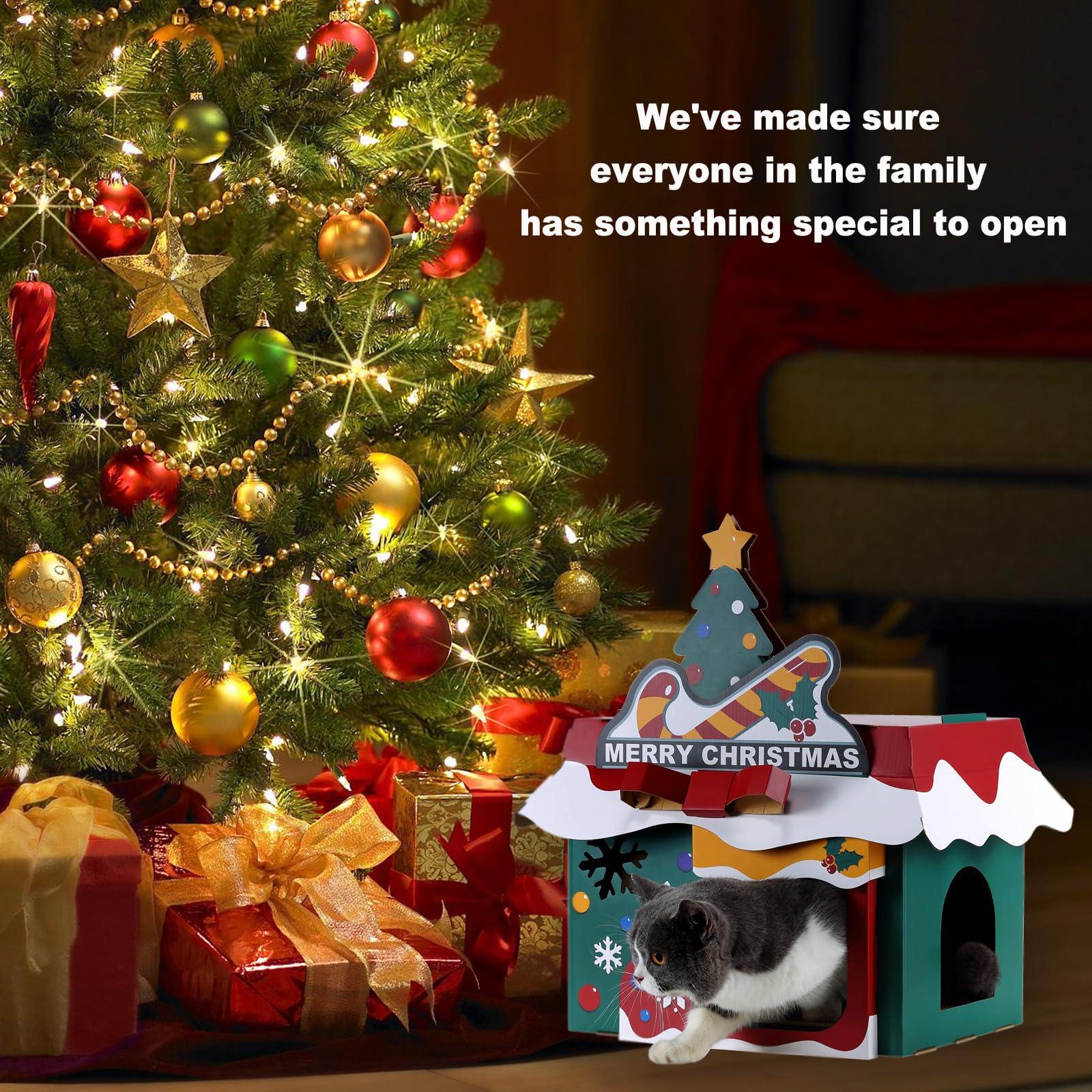 Jungle Elf Christmas cottage cat house entry view inviting access for curious cats