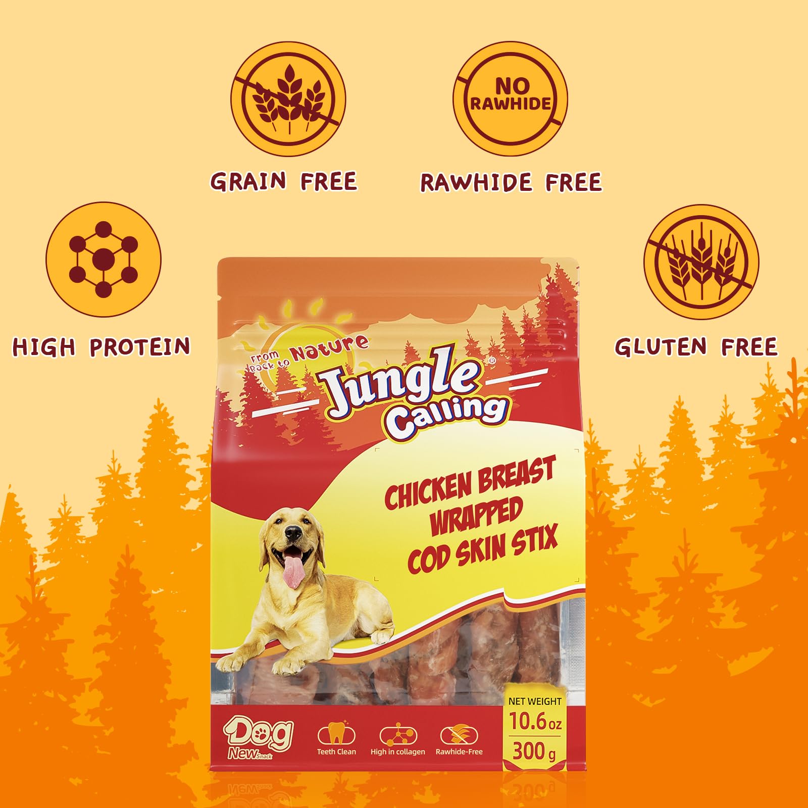 Jungle Calling chicken-wrapped cod skin stick close-up highlights chewy texture for satisfying dog chews.