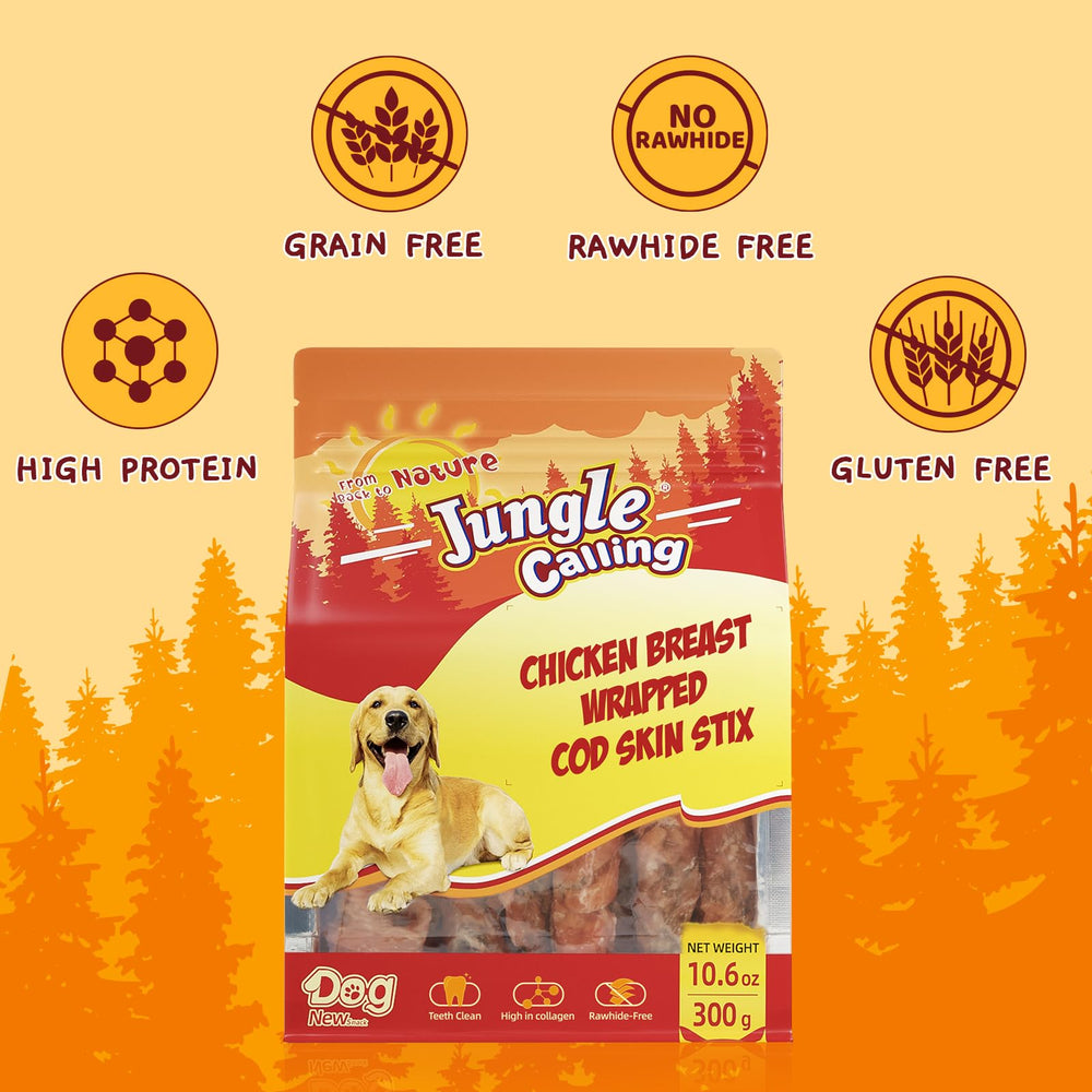 Jungle Calling chicken-wrapped cod skin stick close-up highlights chewy texture for satisfying dog chews.