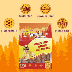 Jungle Calling chicken-wrapped cod skin stick close-up highlights chewy texture for satisfying dog chews.