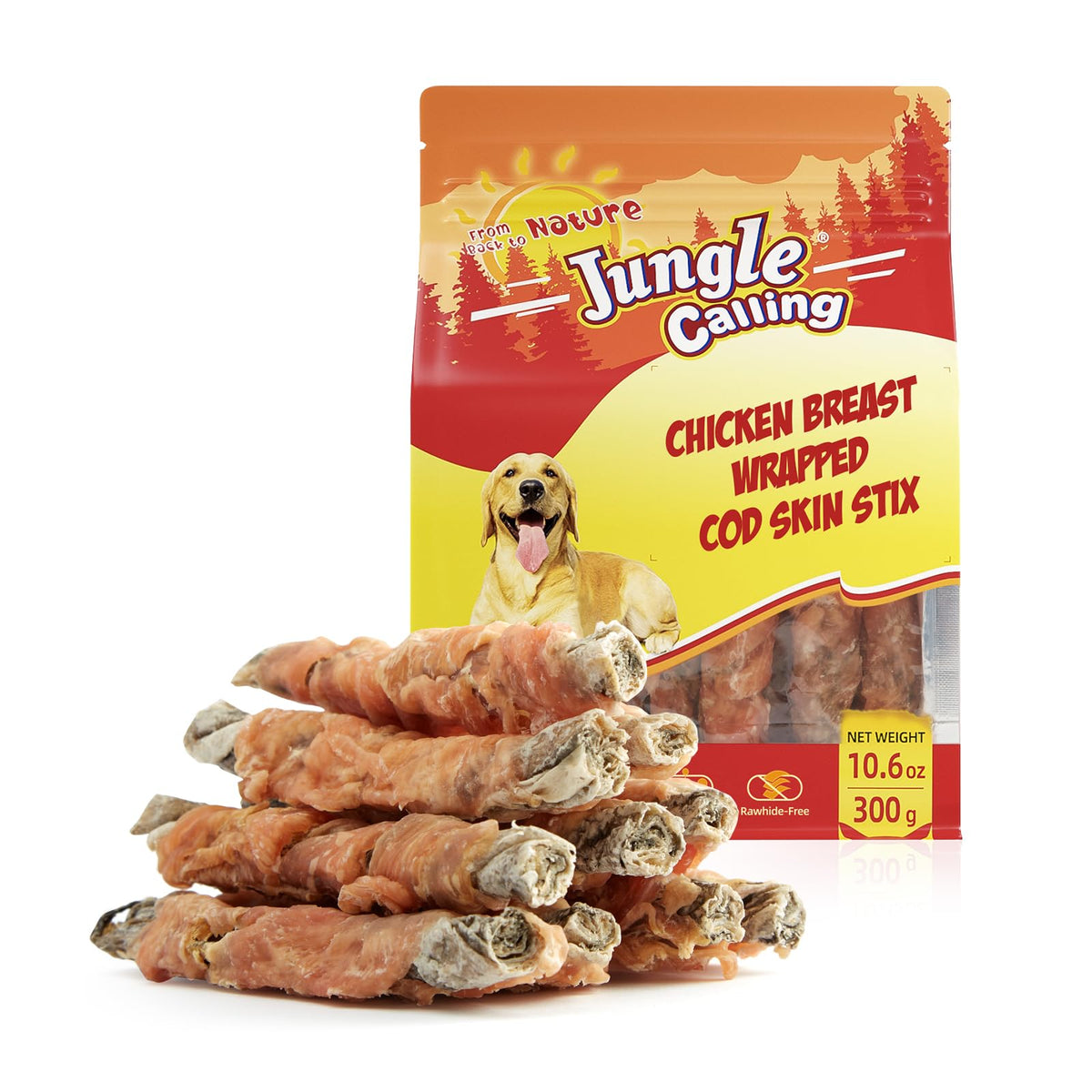 Jungle Calling chicken-wrapped cod skin stick packaging shows rawhide-free, protein-rich dog treats.