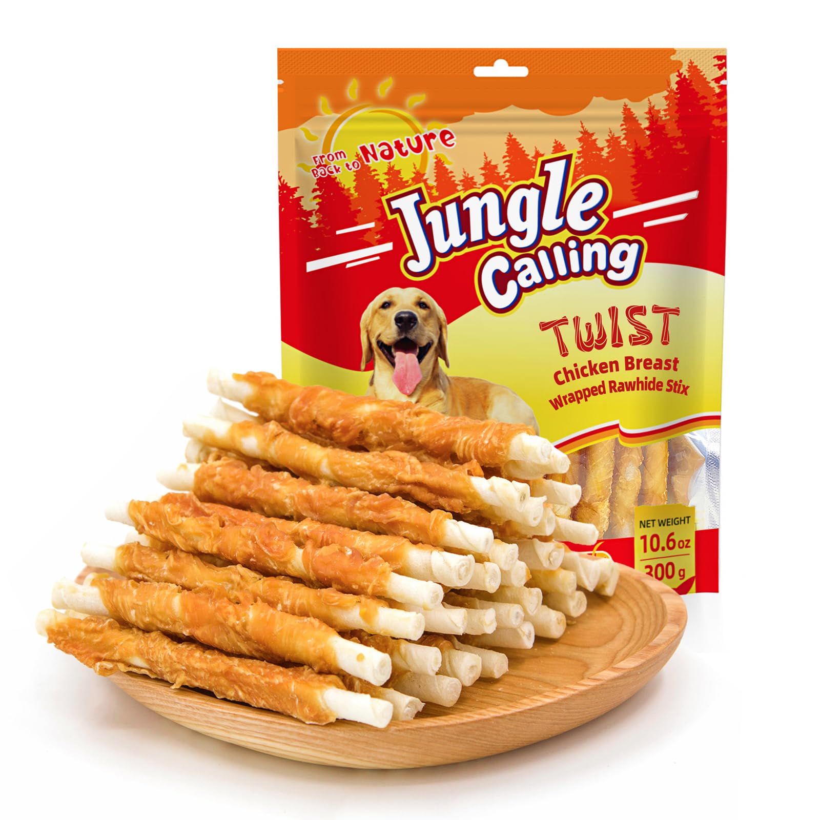 Jungle Calling chicken-wrapped rawhide stick shown during playtime for motivation