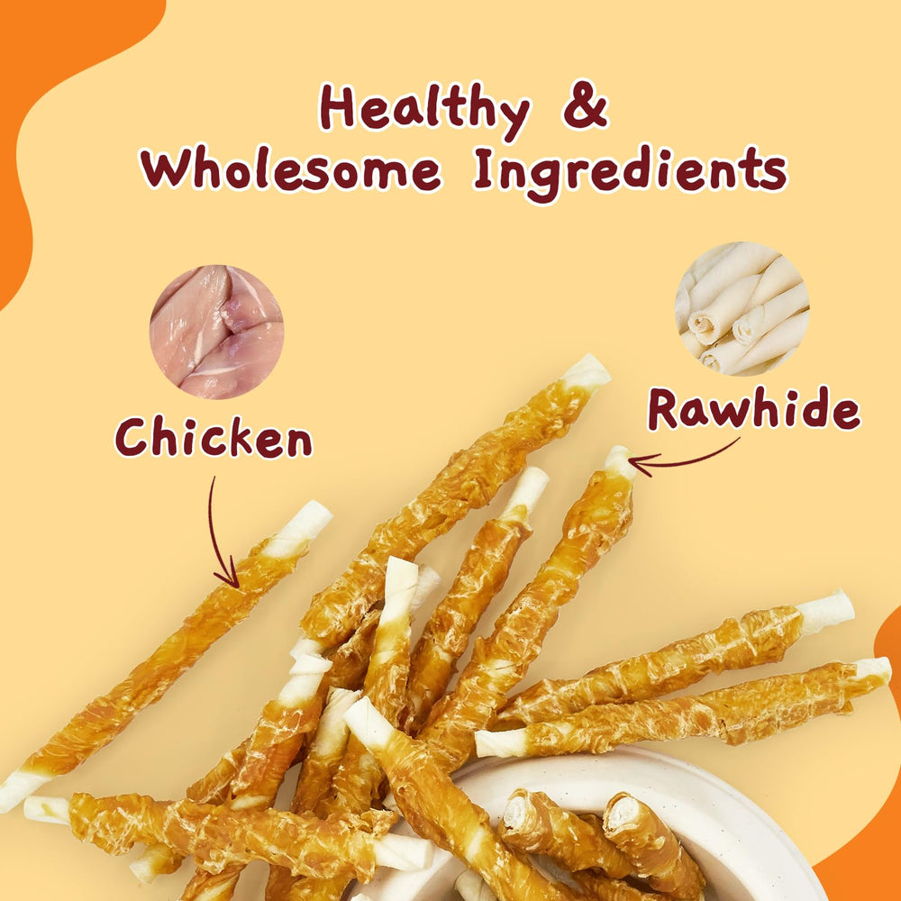 Jungle Calling chicken-wrapped rawhide stick held for bite-sized chews
