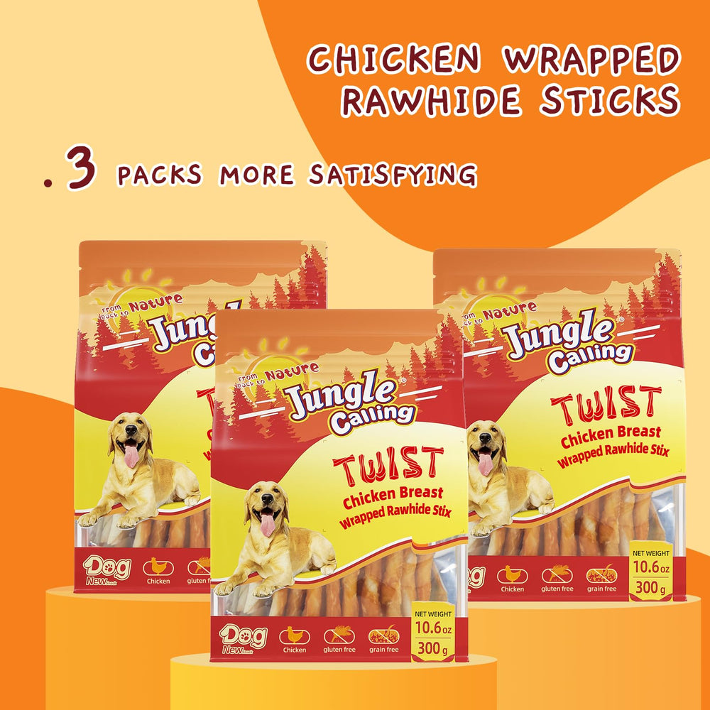 Jungle Calling chicken-wrapped rawhide stick showing chewed texture after use