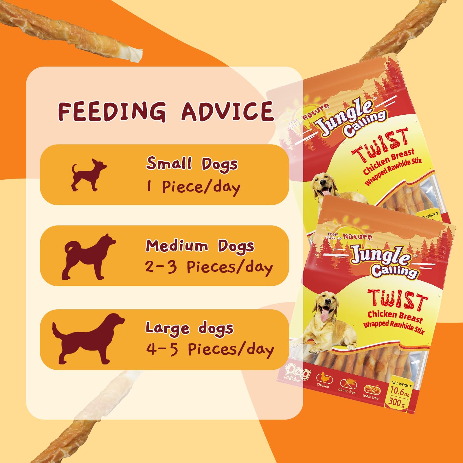 Jungle Calling chicken-wrapped rawhide stick chew for medium dogs