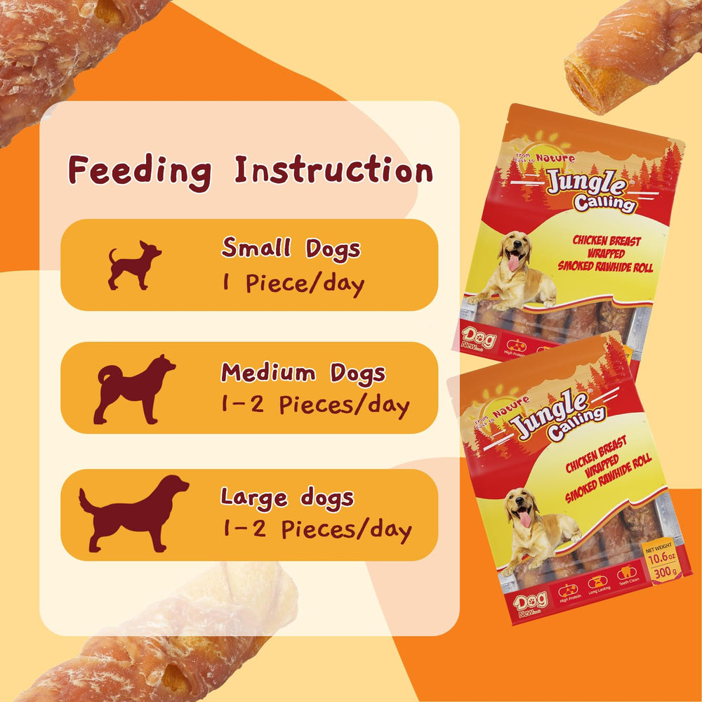 Jungle Calling Smoked Chicken Wrapped Rawhide Rolls for medium and large dogs in action