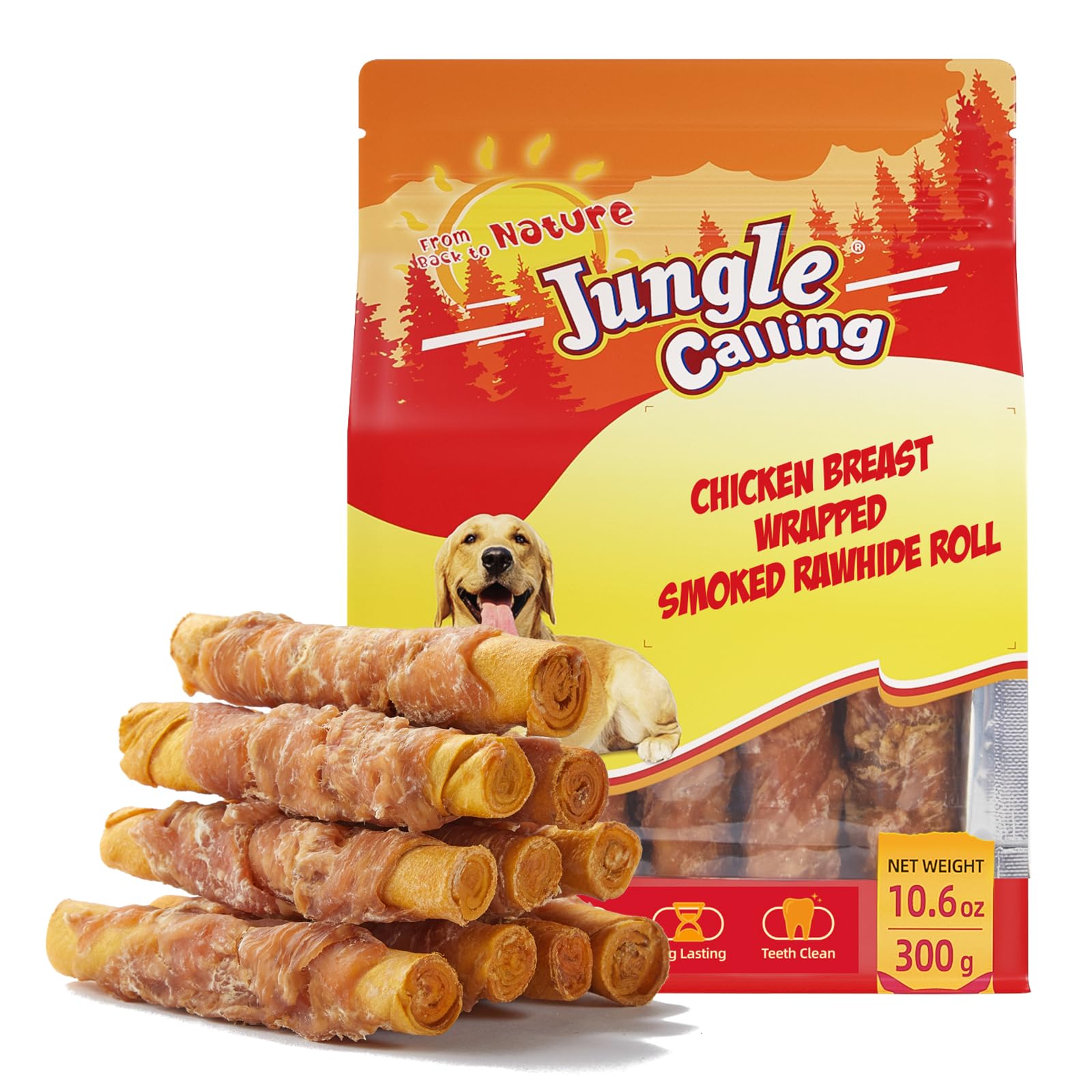 Jungle Calling Smoked Chicken Wrapped Rawhide Rolls packaging highlights high-protein chews for dogs
