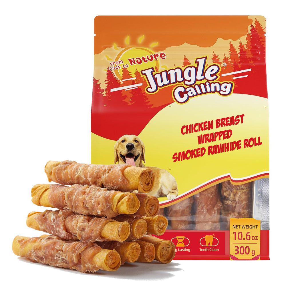 Jungle Calling Smoked Chicken Wrapped Rawhide Rolls packaging highlights high-protein chews for dogs