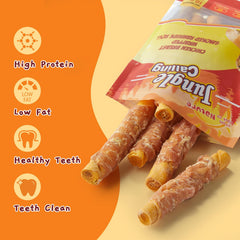 Jungle Calling Smoked Chicken Wrapped Rawhide Rolls treats closeup emphasizes premium ingredients