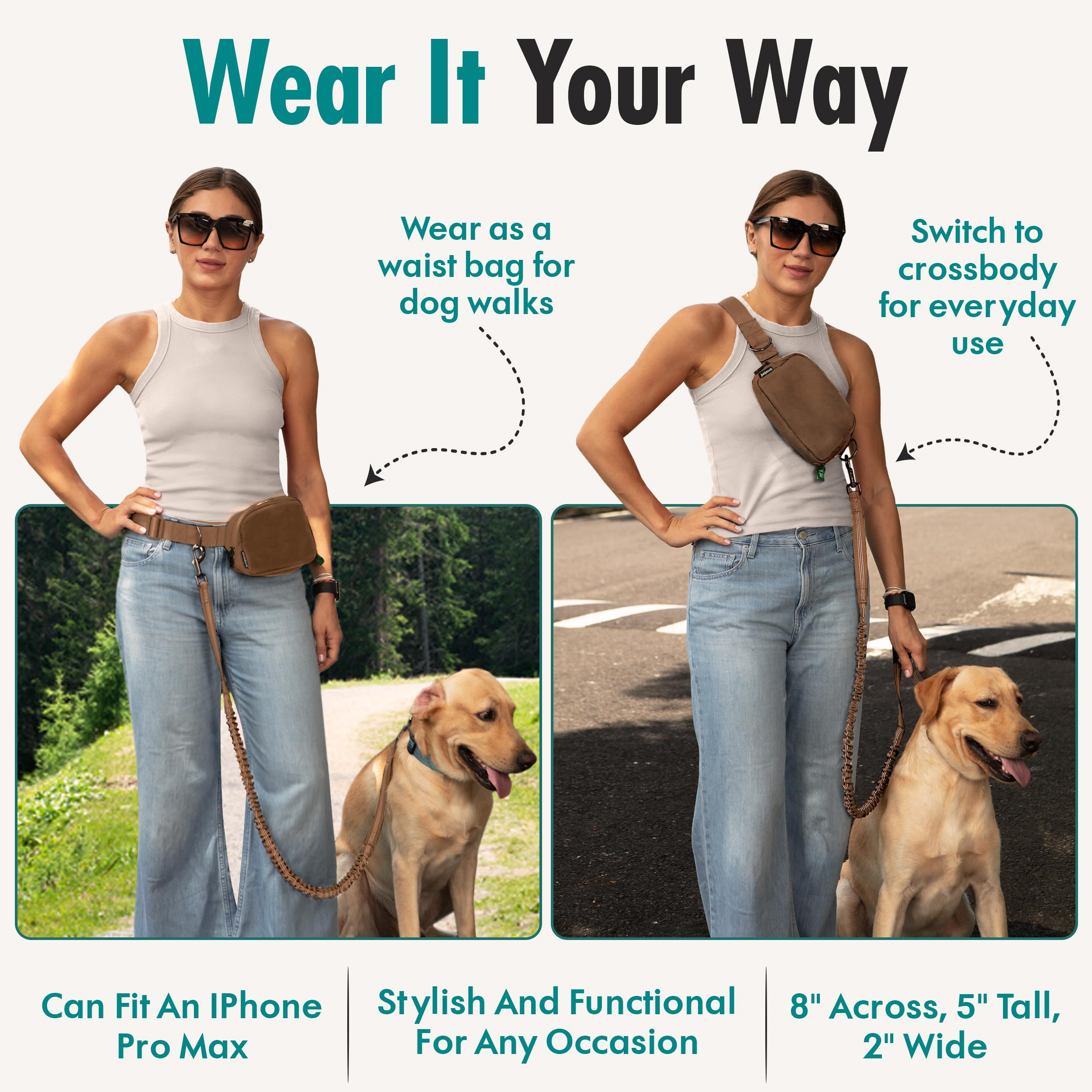 Junipooch waist bag with organized pockets for phone, keys, and wallet.