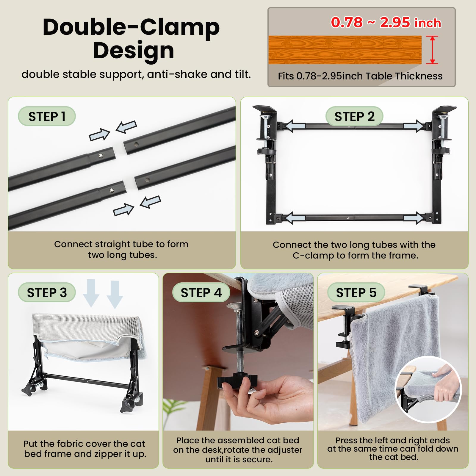JUNSPOW desk bed on different desktops, clamp protection and stability.