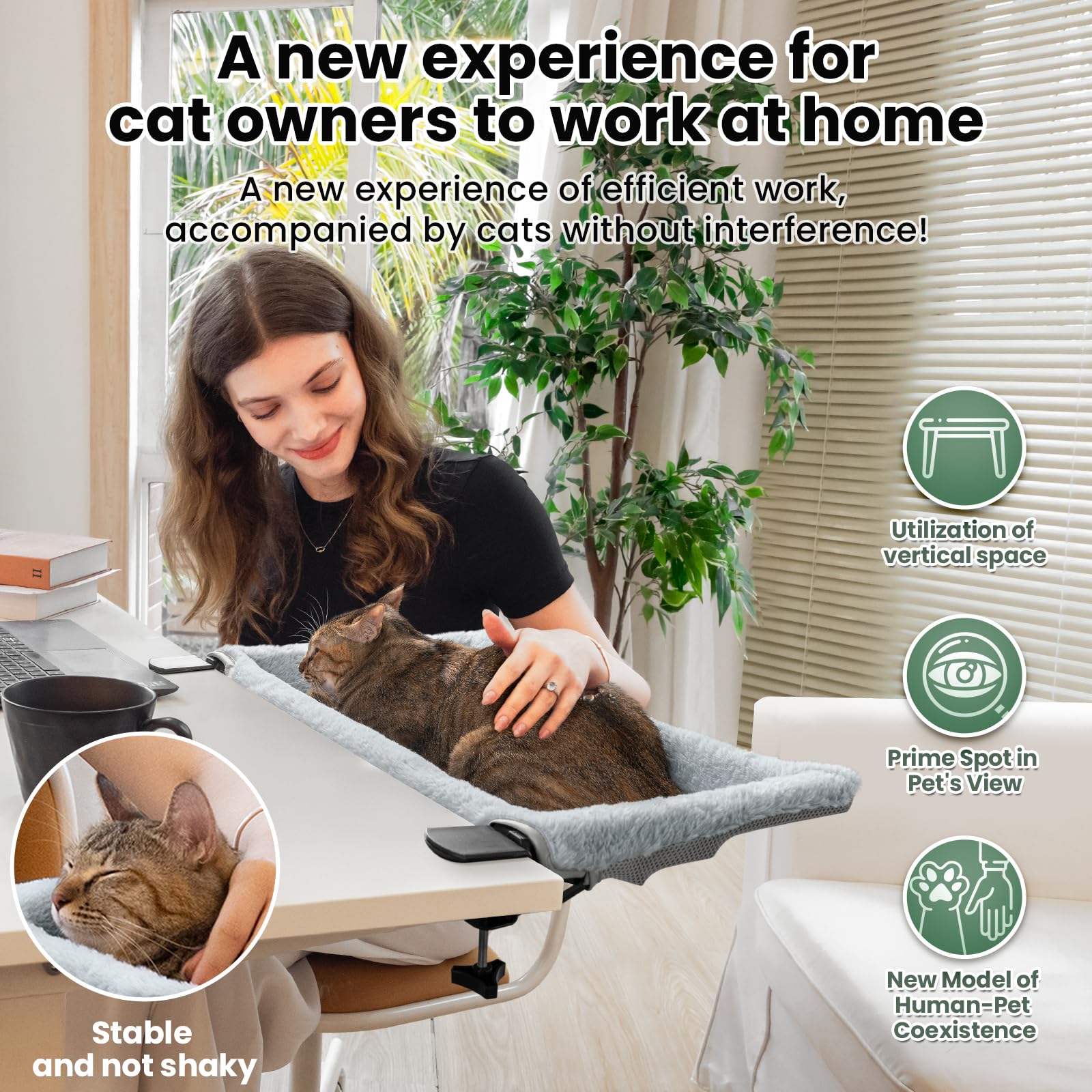 JUNSPOW cat desk bed double-clamp for anti-shake stability during work.